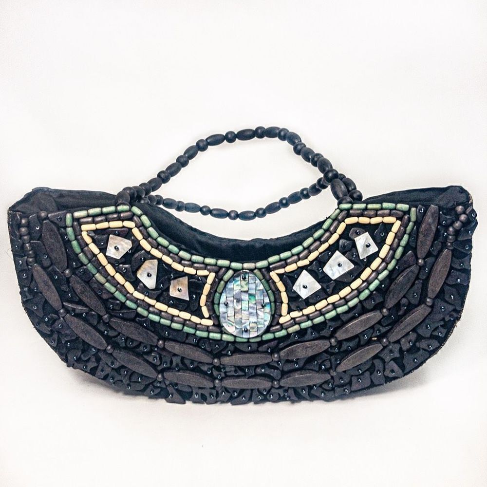 VTG Beaded Burlap Galleon Handbag